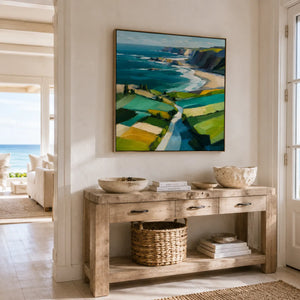 Turquoise Cliffs Coastal Wall Art styled in a contemporary entryway | Oildeco