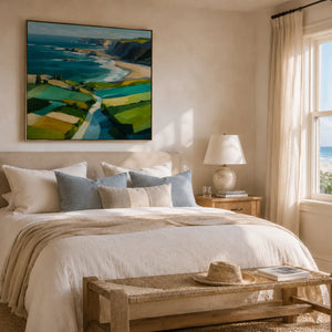 Turquoise Cliffs Coastal Wall Art styled in a contemporary entryway | Oildeco
