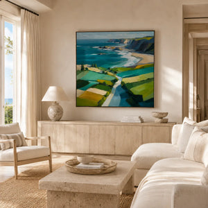 Turquoise Cliffs Coastal Wall Art styled in a modern living room | Oildeco
