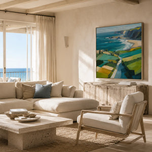 Turquoise Cliffs Coastal Wall Art shown in a quiet home office | Oildeco