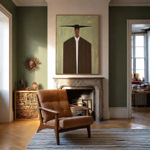 Wide Black Hat and Forest Stripes Portrait Wall Art styled interior scene 4 | OILDECO