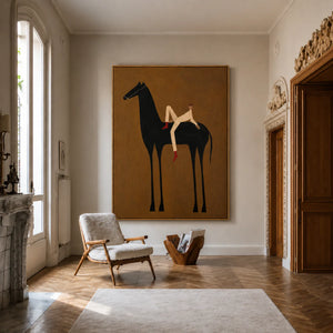 Reclining Rider on a Tall Black Horse Wall Art styled interior scene 2 | OILDECO