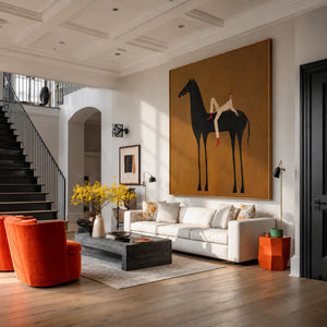 Reclining Rider on a Tall Black Horse Wall Art styled interior scene 3 | OILDECO