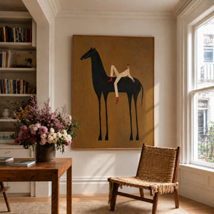 Reclining Rider on a Tall Black Horse Wall Art styled interior scene 5 | OILDECO