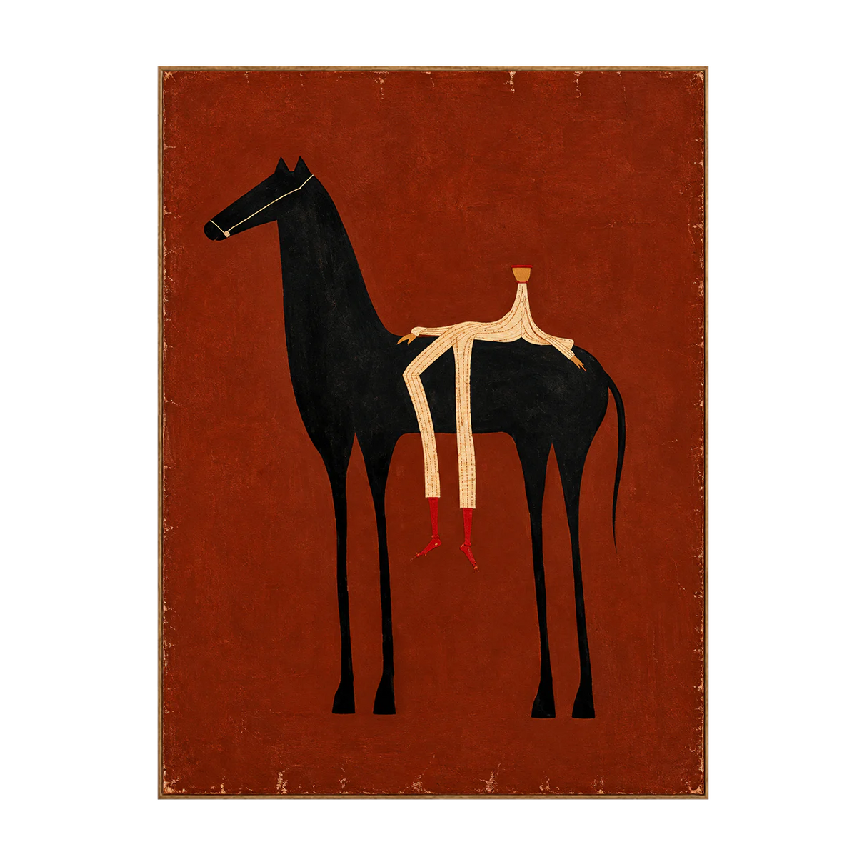 Cream Rider and Black Horse on Rust Red Wall Art