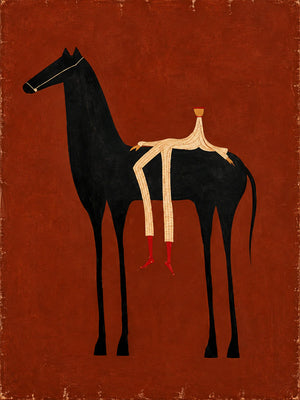 Cream Rider and Black Horse on Rust Red Wall Art artwork view | OILDECO