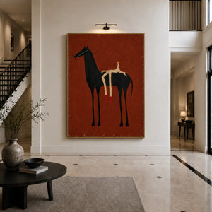 Cream Rider and Black Horse on Rust Red Wall Art styled interior scene 1 | OILDECO