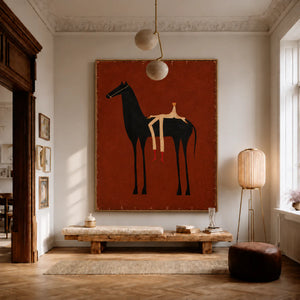 Cream Rider and Black Horse on Rust Red Wall Art styled interior scene 3 | OILDECO