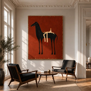 Cream Rider and Black Horse on Rust Red Wall Art styled interior scene 4 | OILDECO