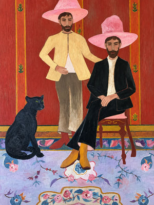 Pink Hat Companions with a Black Cat Wall Art artwork view | OILDECO