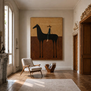 Looping Lasso over a Black Horse Wall Art styled interior scene 2 | OILDECO