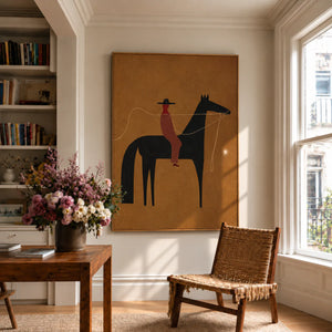 Horse and Rider with a Wandering Rope Wall Art styled interior scene 4 | OILDECO