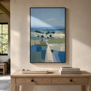 Blue Fields Landscape Wall Art styled in a contemporary entryway | Oildeco