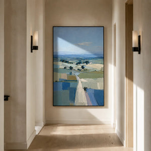 Blue Fields Landscape Wall Art styled in a contemporary entryway | Oildeco