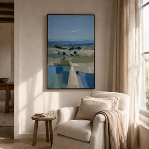 Blue Fields Landscape Wall Art styled in a cozy reading nook | Oildeco