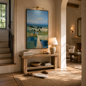 Blue Fields Landscape Wall Art styled in a contemporary entryway | Oildeco