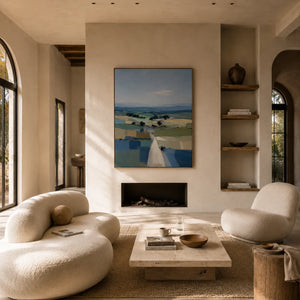Blue Fields Landscape Wall Art styled in a modern living room | Oildeco