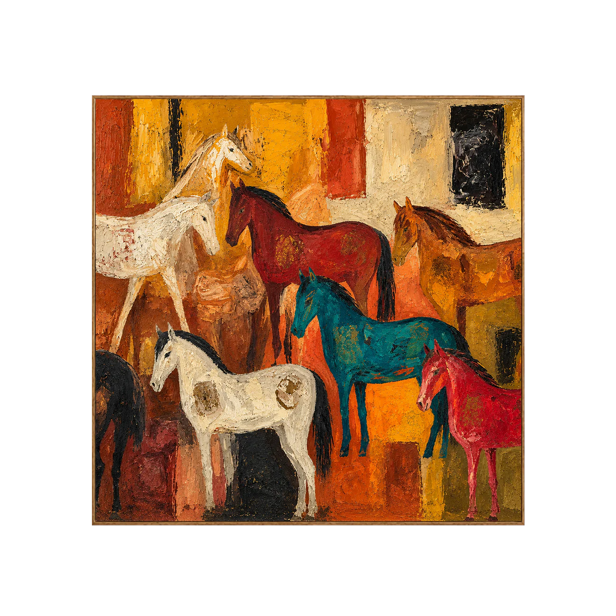 Colorful Horse Gathering in Golden Ochre Wall Art