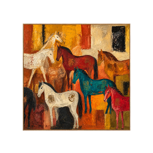 Colorful Horse Gathering in Golden Ochre Wall Art | OILDECO
