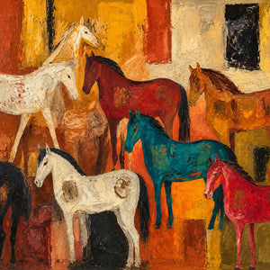 Colorful Horse Gathering in Golden Ochre Wall Art artwork view | OILDECO
