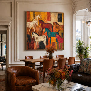 Colorful Horse Gathering in Golden Ochre Wall Art styled interior scene 1 | OILDECO