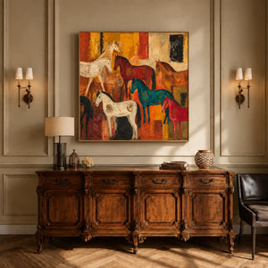 Colorful Horse Gathering in Golden Ochre Wall Art styled interior scene 2 | OILDECO