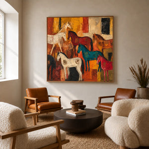 Colorful Horse Gathering in Golden Ochre Wall Art styled interior scene 3 | OILDECO