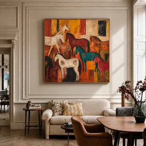 Colorful Horse Gathering in Golden Ochre Wall Art styled interior scene 4 | OILDECO