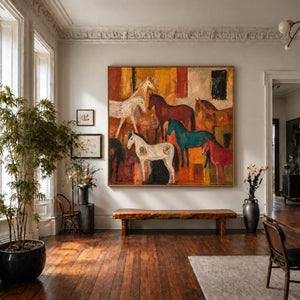 Colorful Horse Gathering in Golden Ochre Wall Art styled interior scene 5 | OILDECO