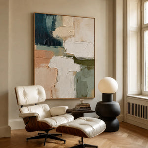 Layered Cream Sage and Teal Abstraction Wall Art styled interior scene 1 | OILDECO