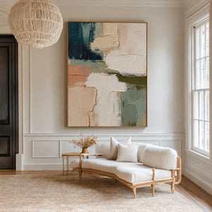 Layered Cream Sage and Teal Abstraction Wall Art styled interior scene 2 | OILDECO