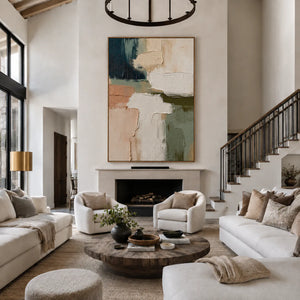 Layered Cream Sage and Teal Abstraction Wall Art styled interior scene 3 | OILDECO