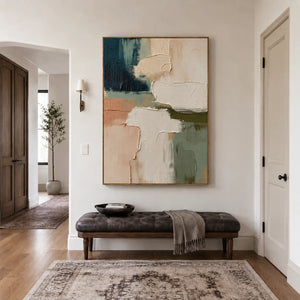 Layered Cream Sage and Teal Abstraction Wall Art styled interior scene 4 | OILDECO