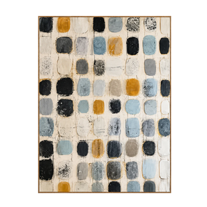 Soft Blue and Ochre Patchwork Grid Wall Art | OILDECO