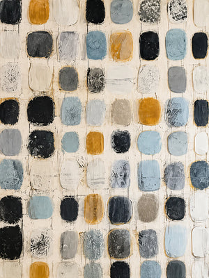 Soft Blue and Ochre Patchwork Grid Wall Art artwork view | OILDECO