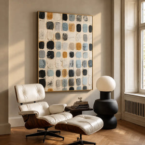Soft Blue and Ochre Patchwork Grid Wall Art styled interior scene 1 | OILDECO