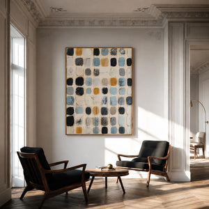 Soft Blue and Ochre Patchwork Grid Wall Art styled interior scene 4 | OILDECO