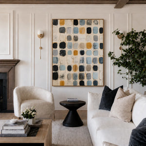 Soft Blue and Ochre Patchwork Grid Wall Art styled interior scene 5 | OILDECO
