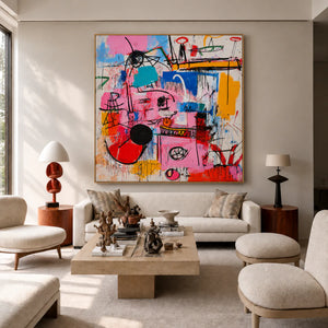 Pink Electric Marks and Color Blocks Wall Art styled interior scene 3 | OILDECO