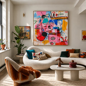 Pink Electric Marks and Color Blocks Wall Art styled interior scene 4 | OILDECO