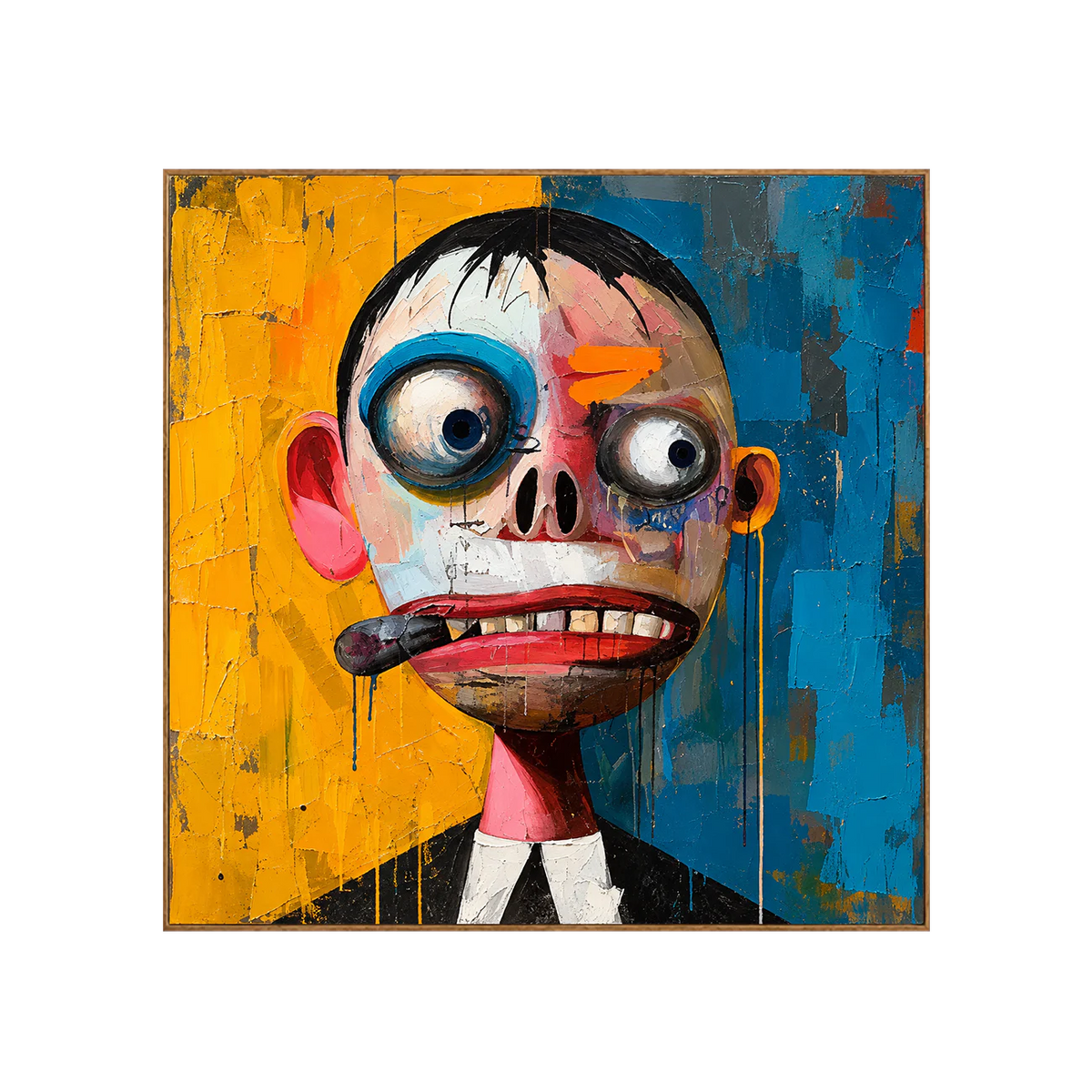 Wide-Eyed Character in Blue and Yellow Wall Art