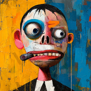 Wide-Eyed Character in Blue and Yellow Wall Art artwork view | OILDECO