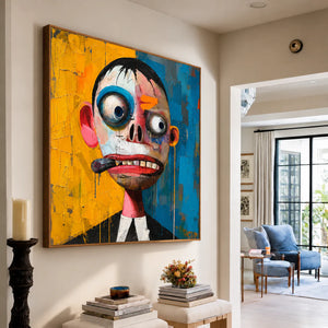 Wide-Eyed Character in Blue and Yellow Wall Art styled interior scene 1 | OILDECO