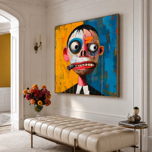 Wide-Eyed Character in Blue and Yellow Wall Art styled interior scene 2 | OILDECO