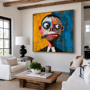 Wide-Eyed Character in Blue and Yellow Wall Art styled interior scene 4 | OILDECO