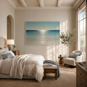 Crystal Tide Coastal Wall Art shown in a calm bedroom setting | Oildeco