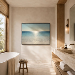 Crystal Tide Coastal Wall Art displayed in a serene bathroom setting | Oildeco