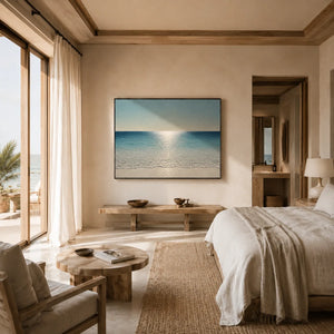 Crystal Tide Coastal Wall Art shown in a calm bedroom setting | Oildeco