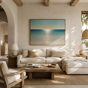 Crystal Tide Coastal Wall Art styled in a modern living room | Oildeco