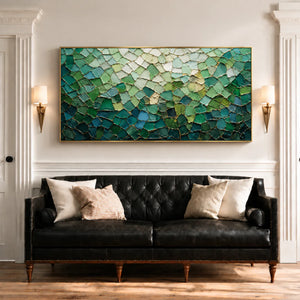 Emerald Mosaic with a Pale Green Glow Wall Art styled interior scene 1 | OILDECO